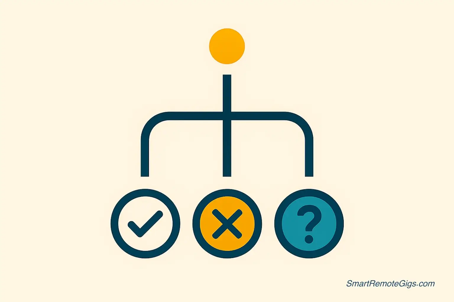 A minimalist flowchart with a central point branching into three distinct paths, symbolizing how to handle different responses to a freelance proposal.
