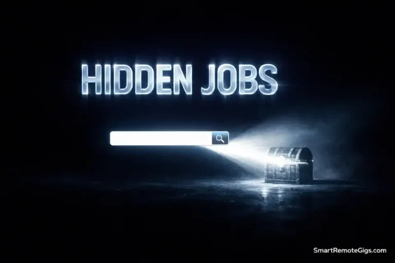 A visual metaphor of a Google search bar revealing hidden remote job opportunities in the dark.