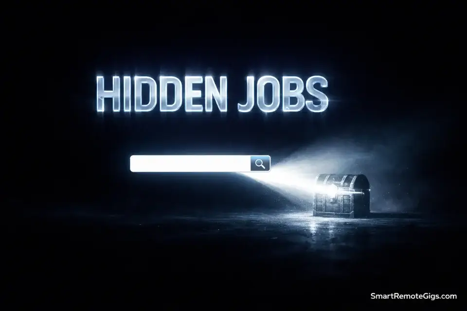 A visual metaphor of a Google search bar revealing hidden remote job opportunities in the dark.