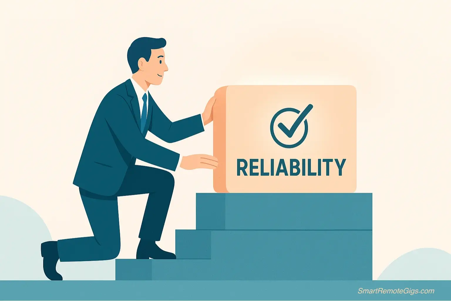 An illustration of a person carefully placing a solid, glowing block labeled "Reliability" to build a strong foundation, representing the high-performer phase.