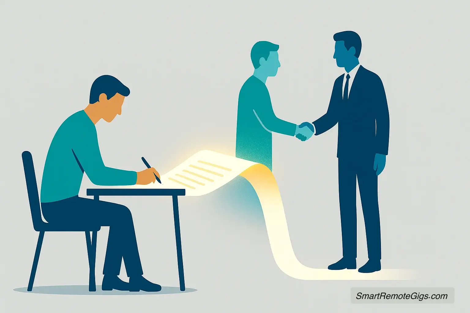A vector illustration showing a focused freelancer writing a document that becomes a bridge leading to a successful client partnership, representing a freelance proposal guide.