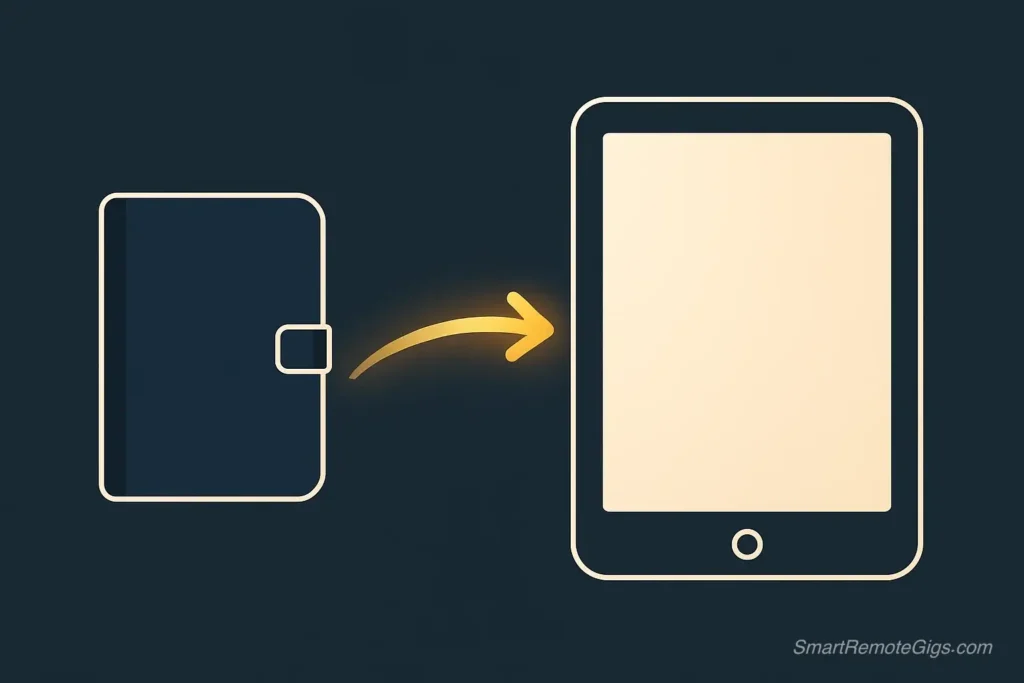 A symbolic illustration of a hybrid GTD system, showing an arrow flowing from a small pocket notebook to a larger digital tablet.