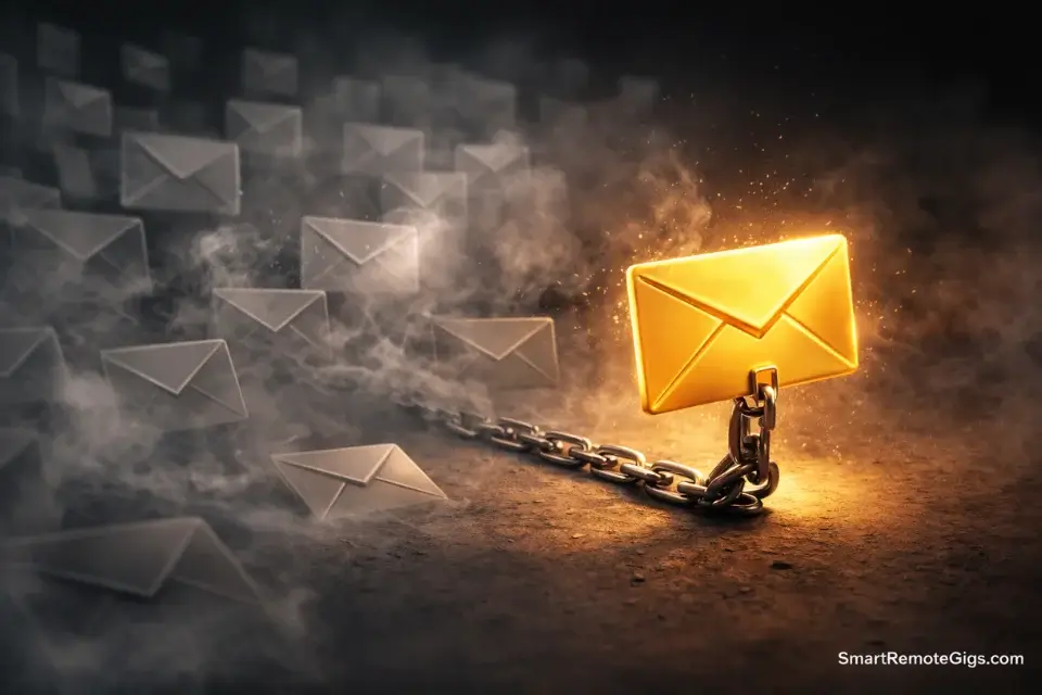 A visual metaphor of a golden email anchored in an inbox while others fade away, representing the "Anchoring" effect.