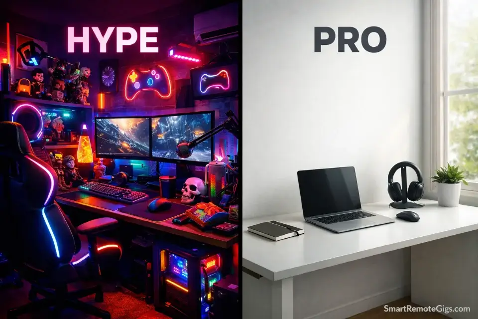 Visual comparison between a cluttered, expensive gamer setup and a clean, efficient professional remote work setup.