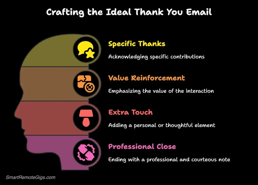 An infographic showing the 4-part formula for a perfect interview thank you email: Specific Thanks, Value Reinforcement, Extra Touch, and Professional Close.
