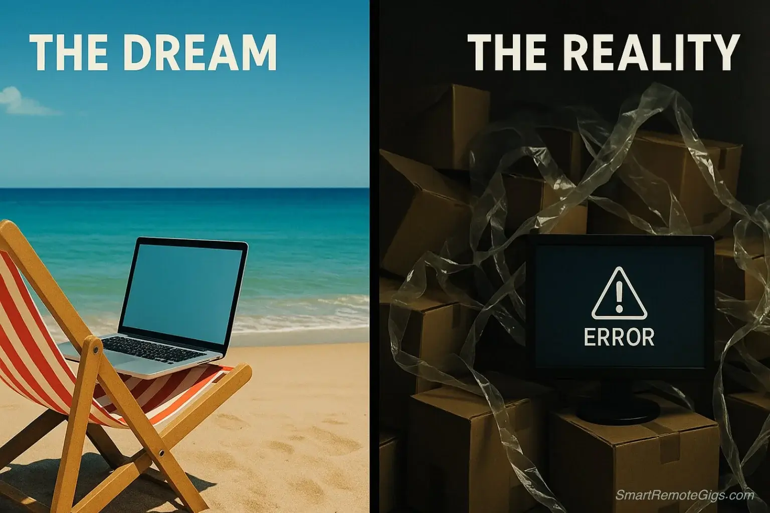 Is Dropshipping Still Worth It in 2025? A split-screen image contrasting the dream of dropshipping (a laptop on a beach) with the reality (tangled shipping boxes and an error message on a screen).