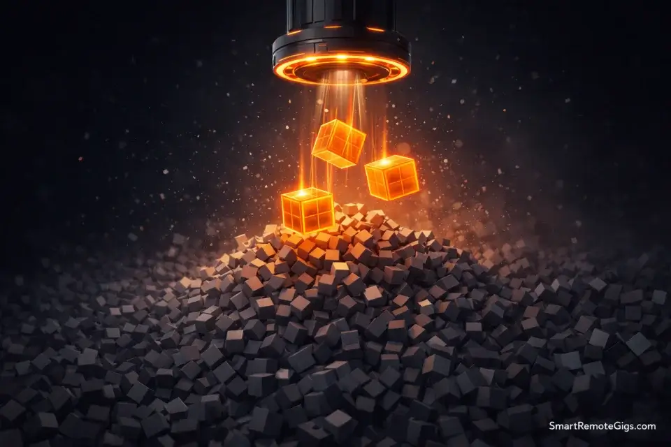 A visual metaphor of finding legitimate remote jobs (signal) amidst a mountain of scams and spam (noise).