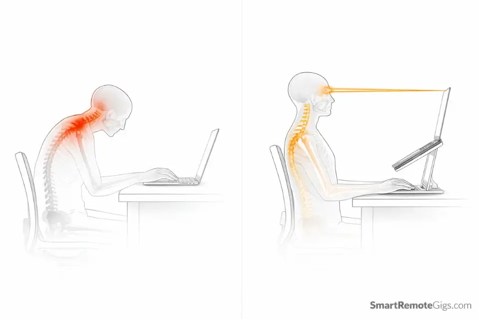 An ergonomic diagram showing how a laptop stand corrects posture and prevents neck strain (tech neck).