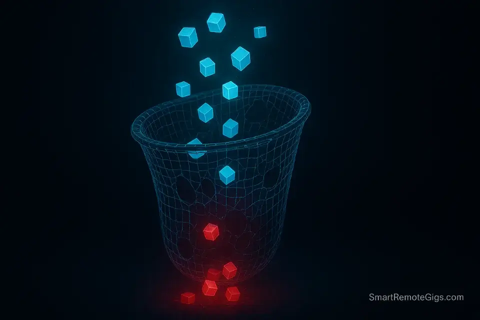 A digital net with holes, letting glowing task blocks fall into the void, representing a leaky capture system.