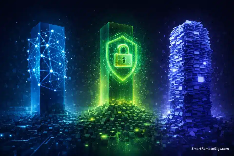 Abstract 3D representation of LinkedIn (Networking), FlexJobs (Security), and Indeed (Volume).