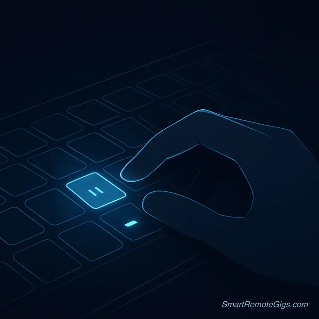 An illustration of a hand typing on a holographic keyboard with search operator symbols, representing mastering Google Search for jobs.