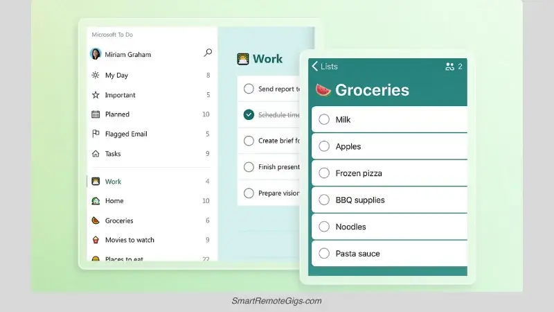 A screenshot of the Microsoft To Do app interface used for a simple GTD setup, showing organized lists for different areas of life.