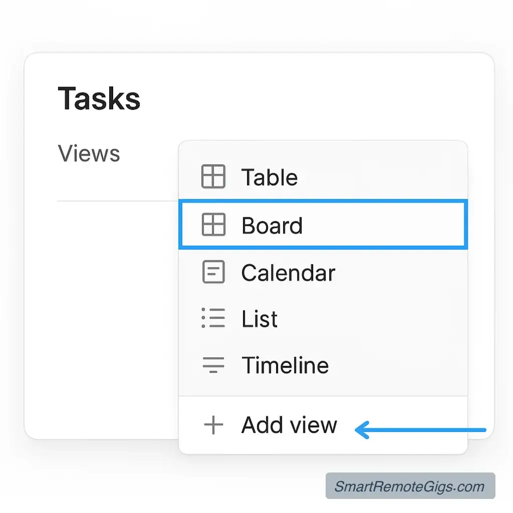 A screenshot showing how to create a new Board view (Kanban) for the Tasks database in Notion.