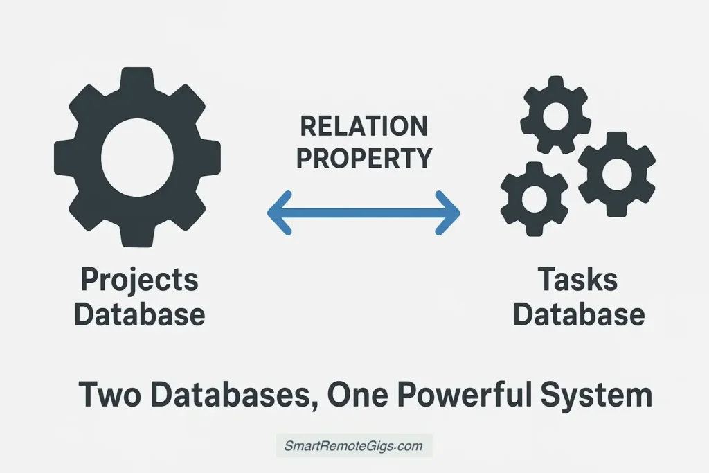 A diagram explaining the core system of the Notion dashboard, with a Projects database linked to a Tasks database via a relation property.