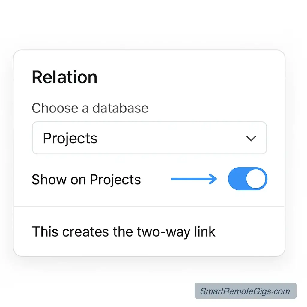 A screenshot of the Relation property setup window in Notion, showing how to connect the Tasks and Projects databases.