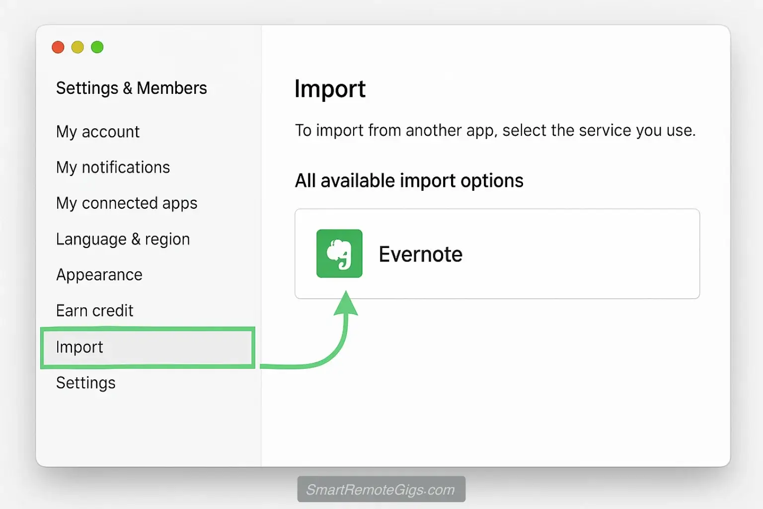 A screenshot showing exactly where to find the Evernote importer within Notion's settings menu.