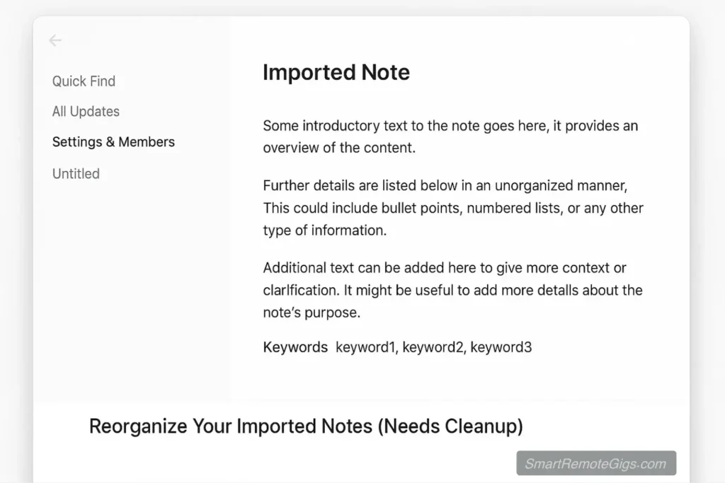 A before-and-after comparison showing an Evernote note after import into Notion versus after it has been cleaned up and organized into a database.