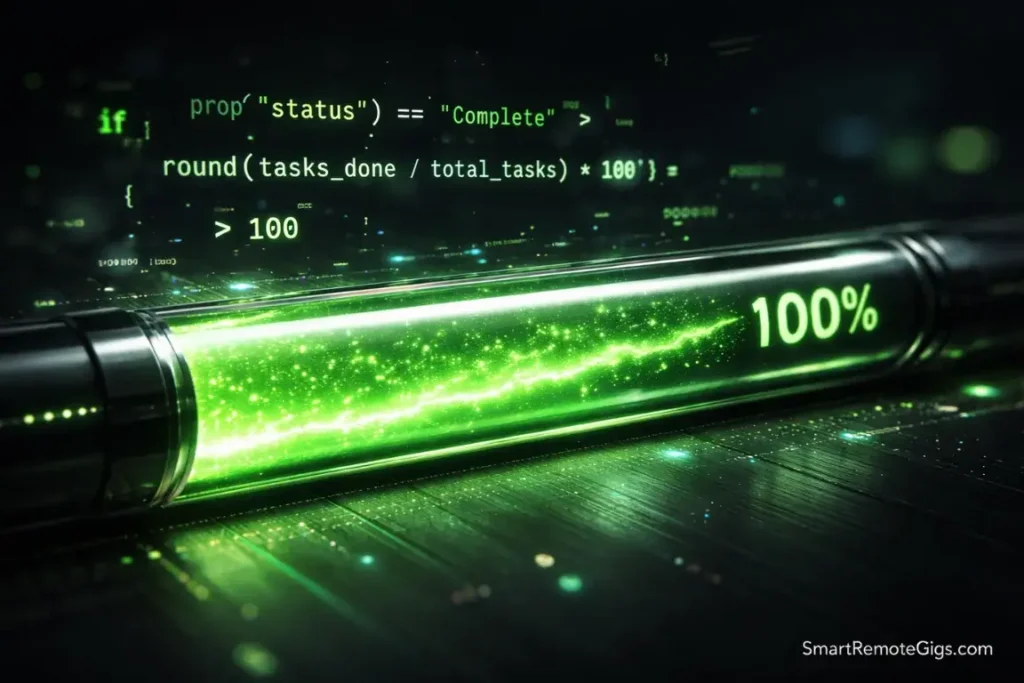 A glowing green digital progress bar activated by a mathematical formula.
