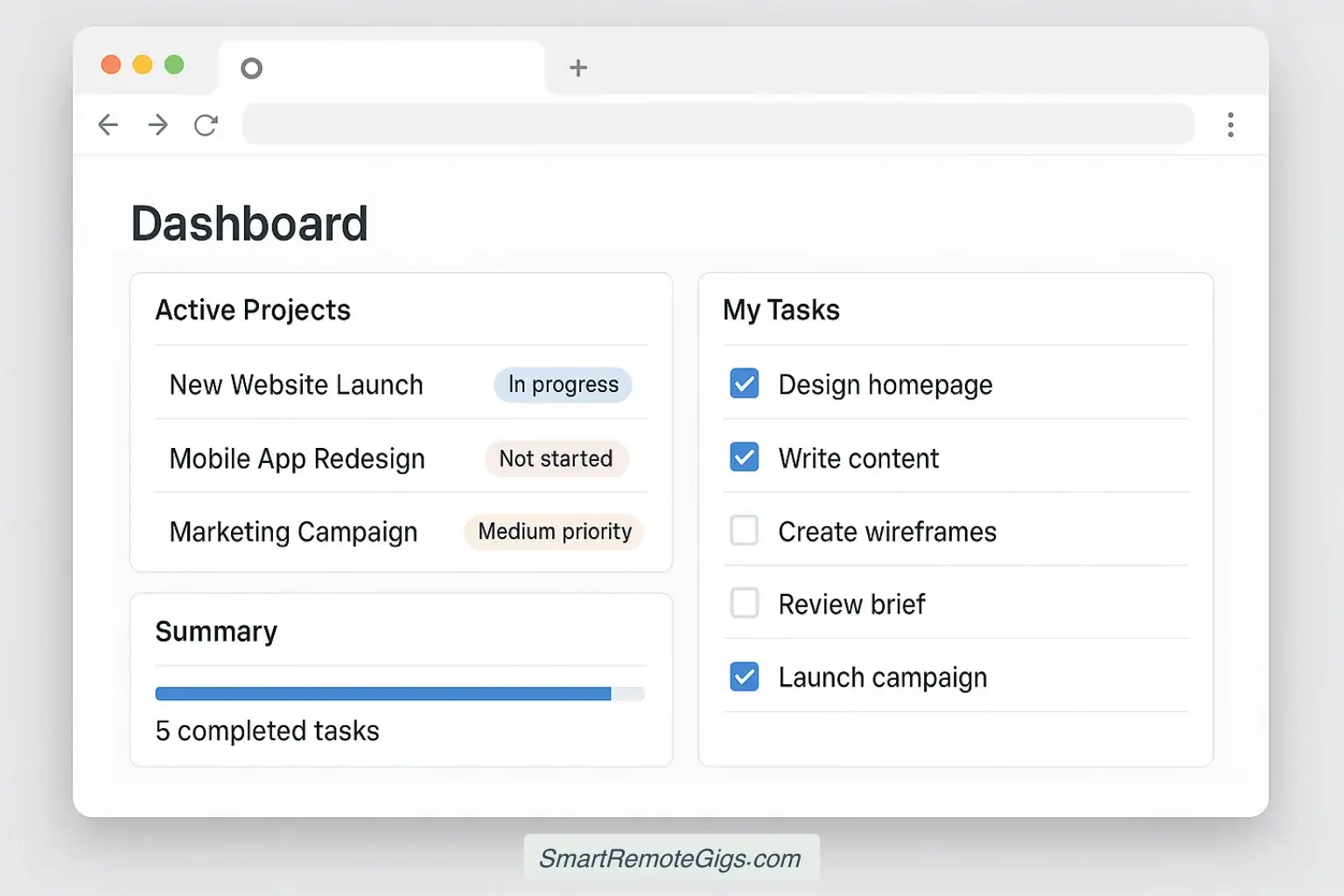 A guide to building a Notion project management dashboard, showing the finished, polished dashboard with project and task tracking.