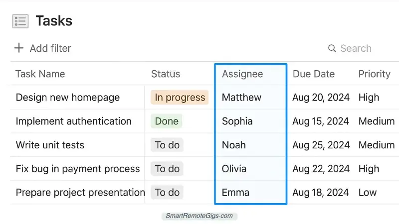 A screenshot showing the properties being set up in the Notion 'Tasks' database, with Assignee and Due Date highlighted.