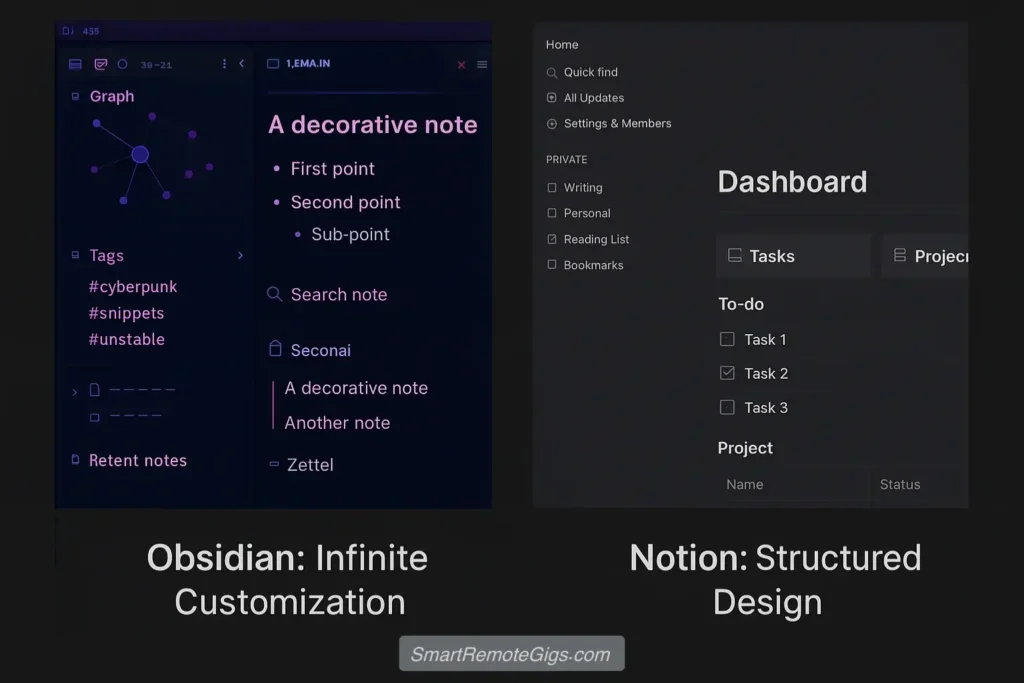 A comparison showing a highly customized Obsidian theme and layout versus a standard but well-designed Notion workspace.