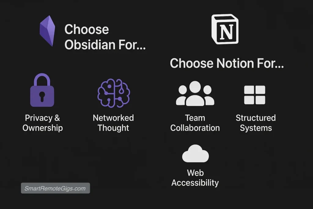 An infographic summarizing when to choose Obsidian (for privacy, PKM, customization) versus when to choose Notion (for collaboration, databases, accessibility).