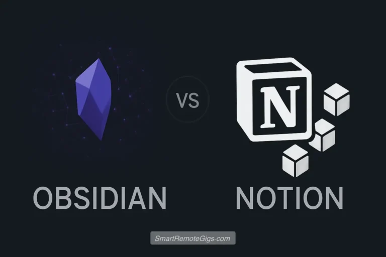 A graphic comparing the philosophies of Obsidian and Notion for building a 'second brain', with logos and a network design.
