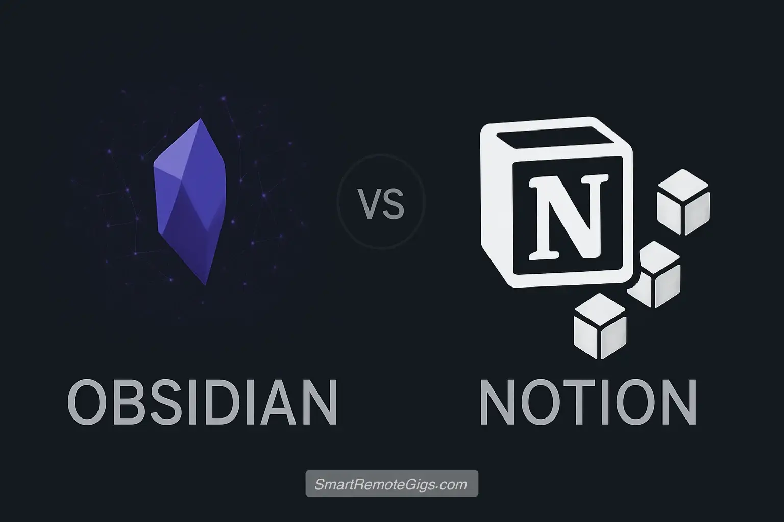 A graphic comparing the philosophies of Obsidian and Notion for building a 'second brain', with logos and a network design.