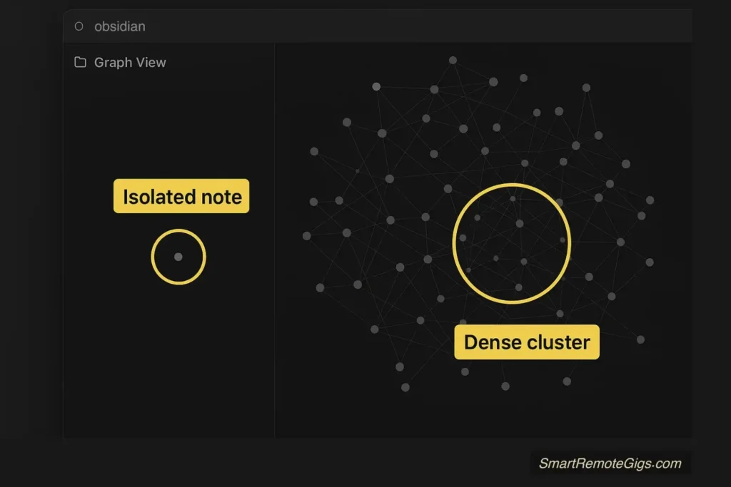 A screenshot of the Obsidian Graph View, showing dense clusters and isolated notes, illustrating the review process.