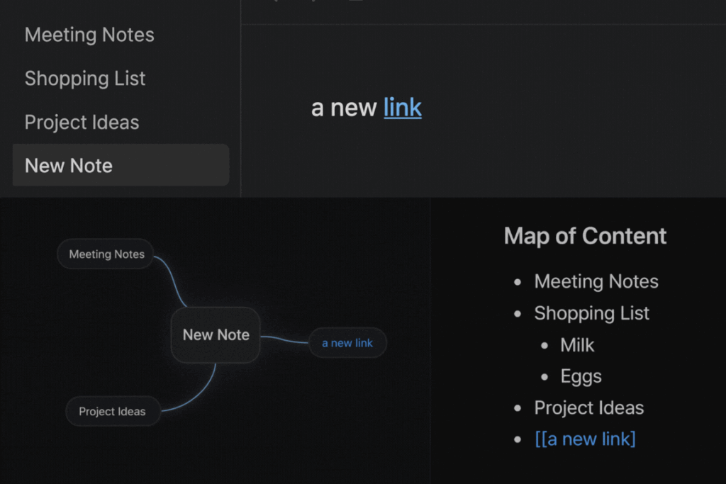 An animated GIF demonstrating how to create links, view connections in the graph, and add notes to a Map of Content in Obsidian.