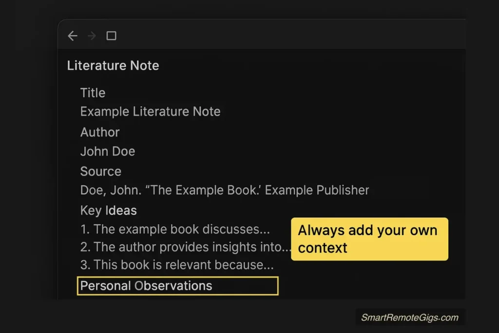A screenshot of an example Literature Note in Obsidian, showing a summary of a source in the user's own words.