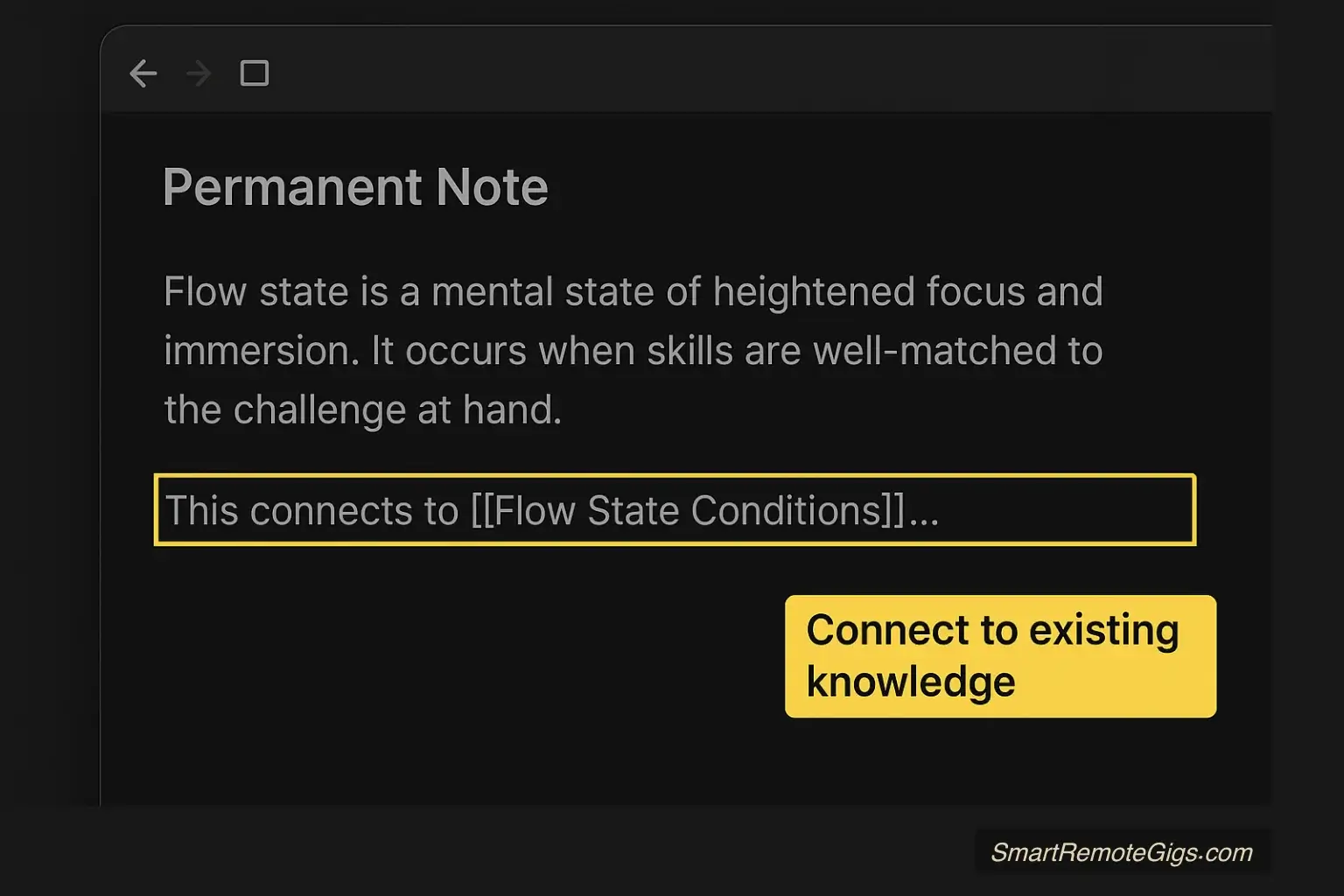 A screenshot of an example Permanent Note in Obsidian, showing an atomic, synthesized idea with links.