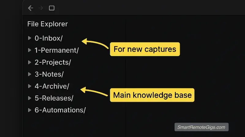 A screenshot showing the recommended folder structure for a Zettelkasten system in Obsidian, including Inbox and Permanent folders.