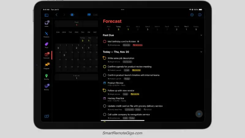 A screenshot of the OmniFocus 4 user interface, showing a well-organized GTD system with a project list, next actions, and context tags.