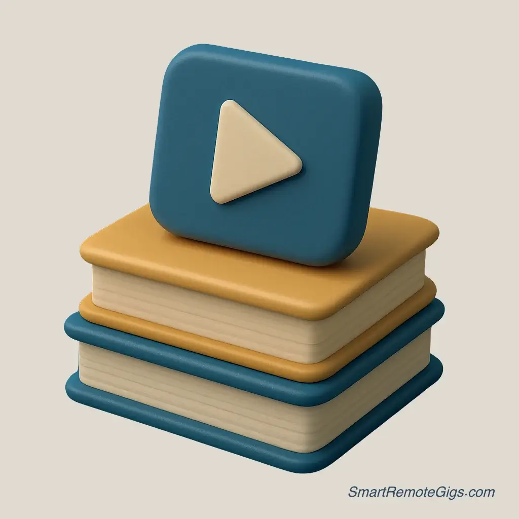 3D icon of a stack of books with a video play button on top, for an online course creator.