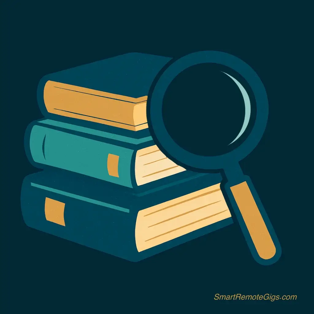 icon of a stack of books with a large, clean magnifying glass leaning against it, for an online researcher.