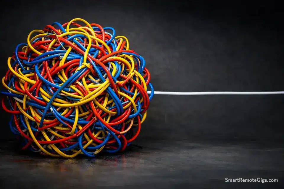 A massive tangled knot of cables contrasted with a single straight wire, representing complex systems vs. simple GTD.