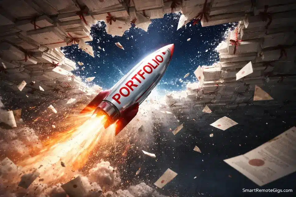 A visual metaphor of a work portfolio shattering the "Paper Ceiling" of degree requirements.