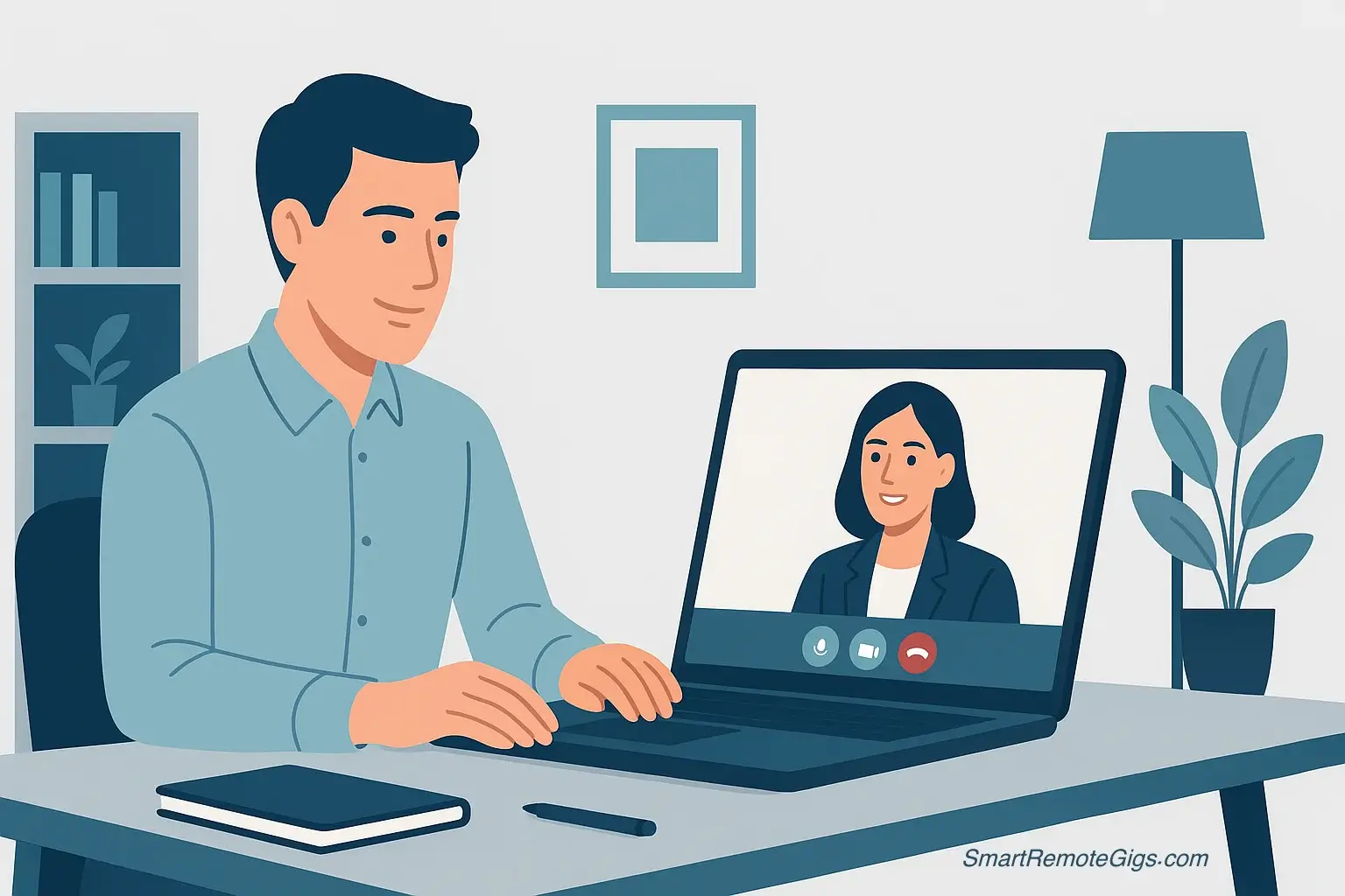 An illustration of a confident professional having a successful remote job interview via video call on their laptop, with the interviewer smiling on screen.