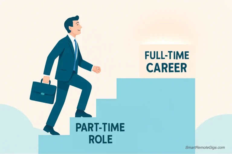 An illustration of a person confidently walking up a series of steps. The first step is labeled "Part-Time," and the top step is labeled "Full-Time Career," representing the strategic guide to advancement.