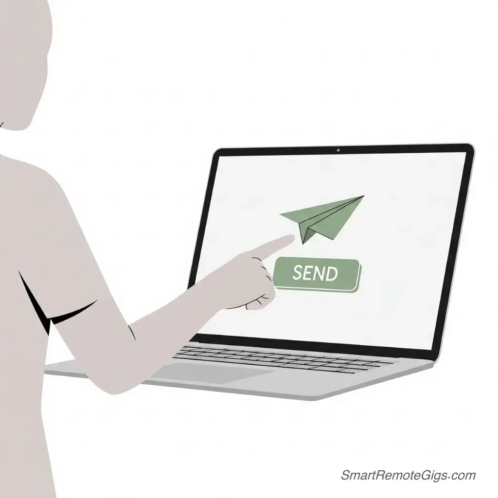 An illustration of a person sending an email, with a paper airplane icon taking flight, symbolizing the "Professional Close" of a thank you email.