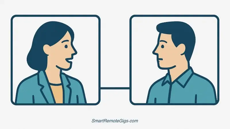 Illustration of professional skills for a remote interview, showing two people in separate virtual windows connected by a line, representing effective collaboration.