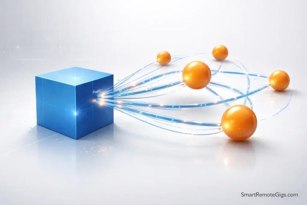 A large blue cube connected to smaller orange spheres, representing the relation between Projects and Tasks.
