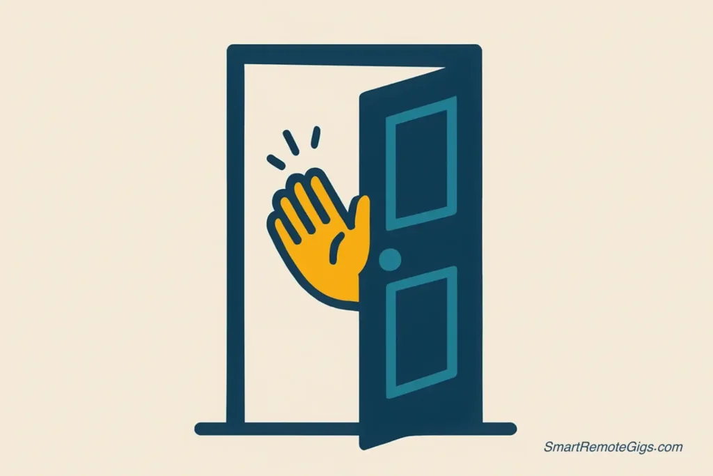 A vector illustration of an open doorway with a friendly wave, symbolizing a professional and gracious final follow-up.
