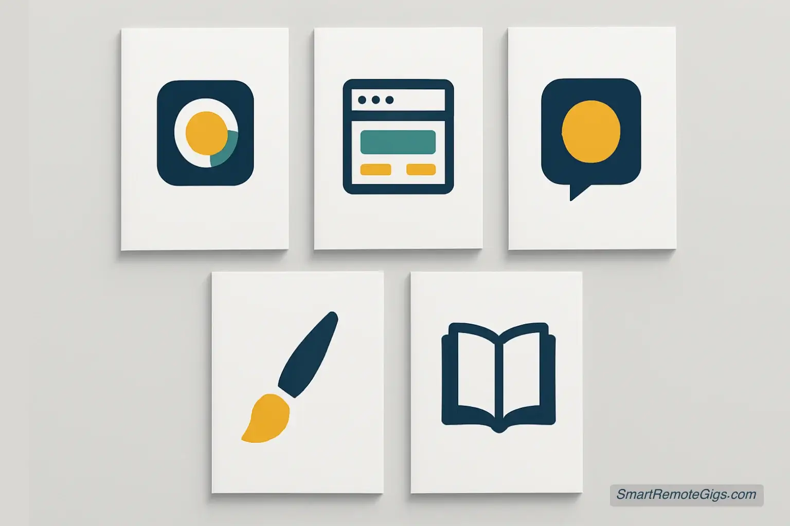 A collection of five professional documents, each featuring a distinct icon for branding, web design, social media, illustration, and brand guidelines, tailored for graphic designers.