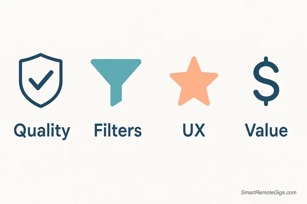 An infographic with four icons representing our ranking criteria for job websites: a checkmark for quality, filters for search, a star for user experience, and a dollar sign for value.