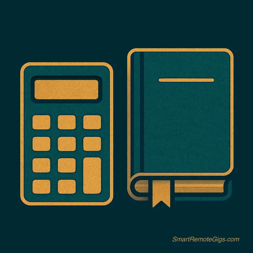 icon of a minimalist calculator next to a classic ledger book, for a bookkeeping job.