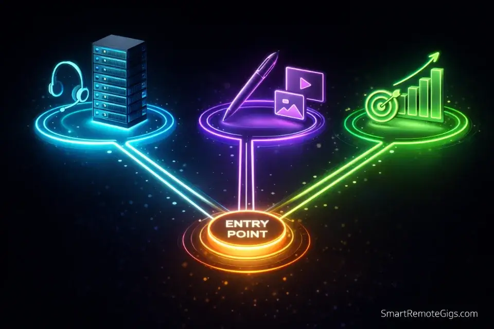 A visual diagram showing three distinct remote career pathways: Tech, Creative, and Sales.