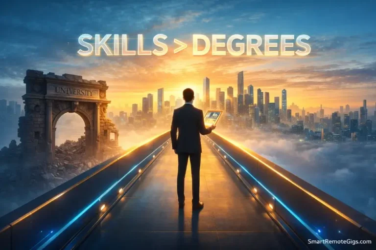 A futuristic visualization of a job seeker bypassing a university gate to enter the remote workforce based on skills.
