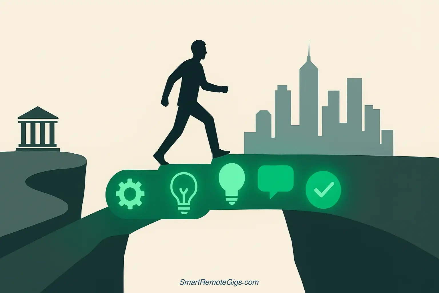 An illustration of a person taking a skills-based path to a successful remote career, bypassing the traditional university route.